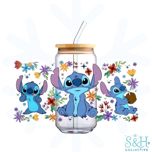 Stitch - Floral (Holographic Finish) 16oz Can Cup Tumbler