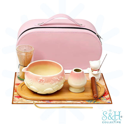8pcs Matcha Set in Pink Carry Case Gift Box