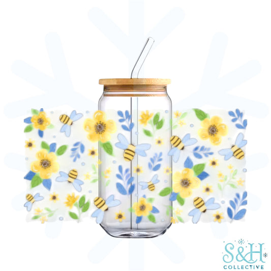 Floral Bees (Double Sided, Standard Finish) 16oz Can Cup Tumbler
