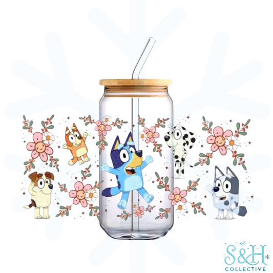 Blue Dog - Pink Flowers (Standard Finish) 16oz Can Cup Tumbler