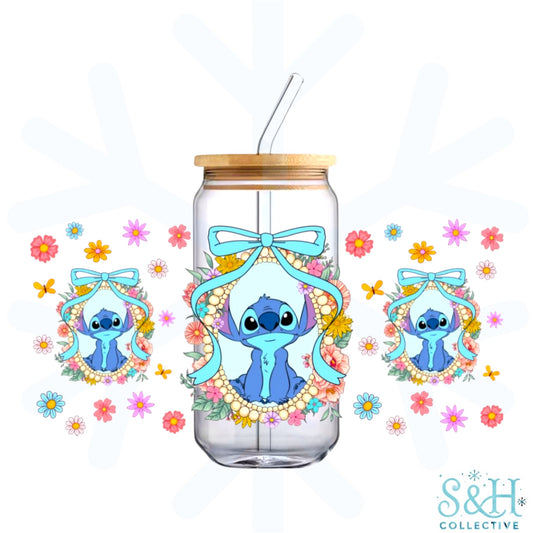 Stitch - Floral Frame (Holographic Finish) 16oz Can Cup Tumbler